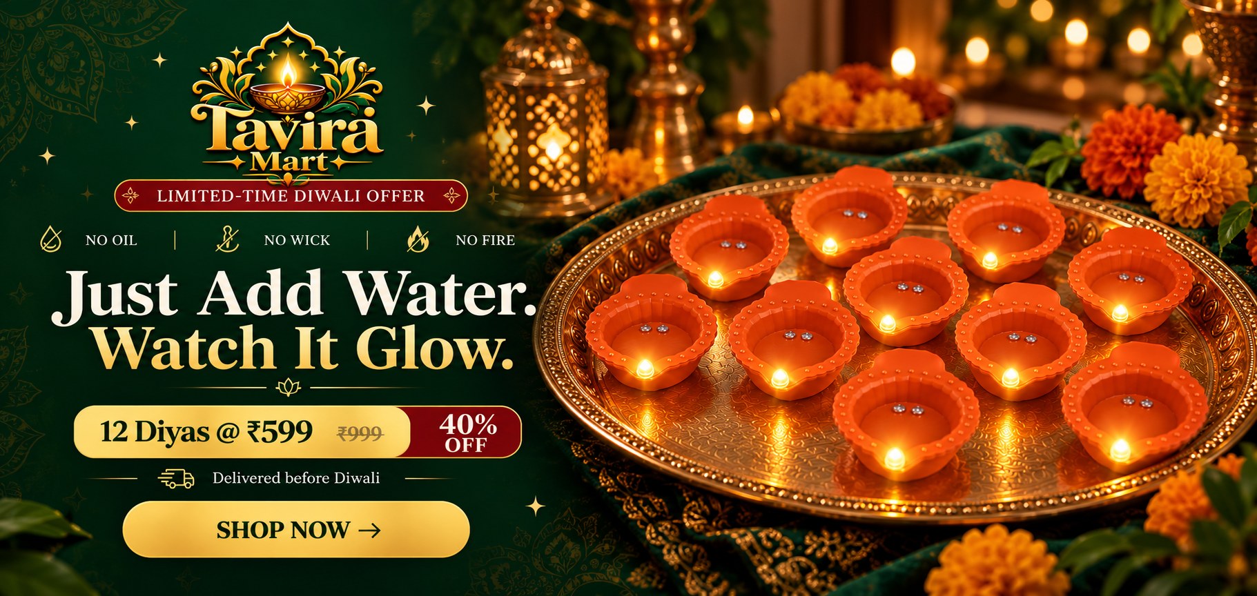 Tavira Mart Magic Water Diyas – just add water, watch it glow. 12 diyas for ₹599